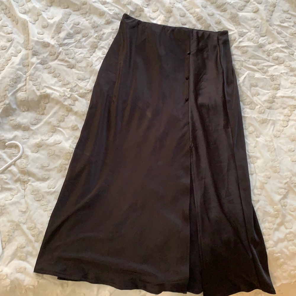 Black satin midi skirt with slit